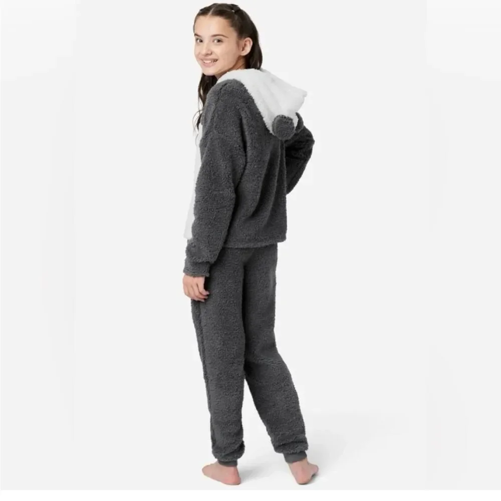 NWT JUSTICE Faux Sherpa Color Block Hooded Pajama Set Sz XL (16-18)